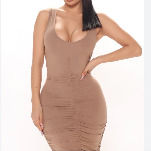 Fashion Nova Chasing Desire Ruched Midi Dress - Taupe - Picture 12 of 12